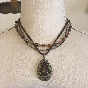 Triple strand leather chain bead amulet necklace